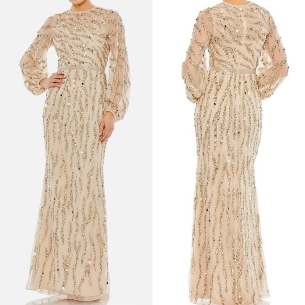 Mac Duggal Modest Long Sleeve Bedazzled Tiger Stripe Gown Gold Sequin Beaded 10